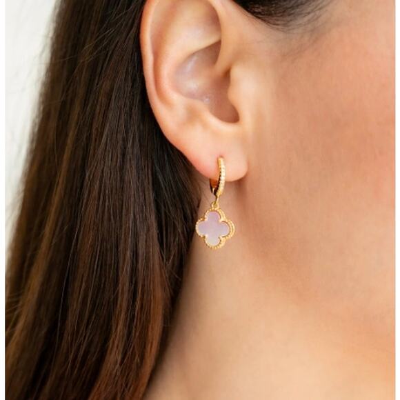 Mint & Lilly Pave Clover Drop Earrings*Pink Mother of Pearl*18K over Sterling - Picture 2 of 2